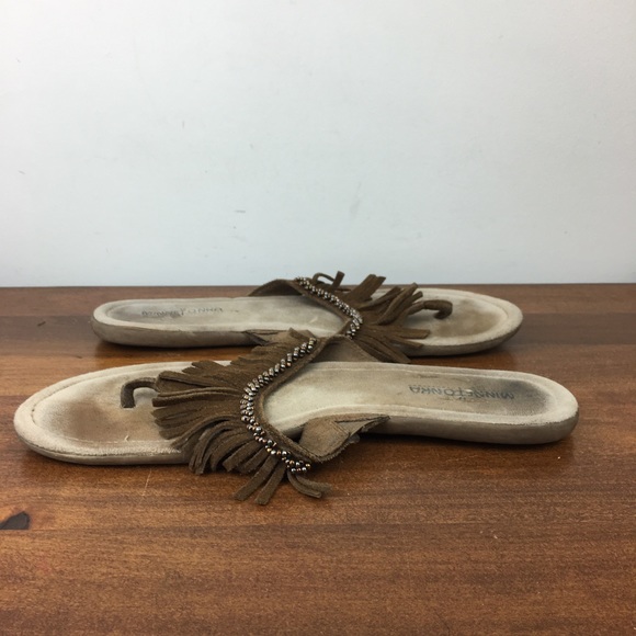 Minnetonka Thong Flip Flop Sandal Women’s Size 10M Brown Beaded Fringe Suede. - Picture 9 of 11
